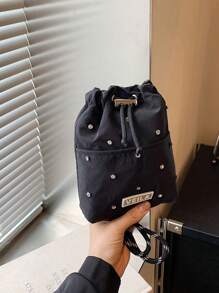 Dreamy Rhinestone Drawstring Phone Bag Crossbody Bag Coin Purse For Sports Casual Commute Shopping School Travel - Black - View 6