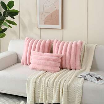 1pc Solid Color Cushion Cover Without Filler,  Soft Faux Rabbit Fur Big Striped Cushion Cover, For Living Room Sofa