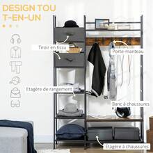 HOMCOM Porte-manteau vestiaire meuble d'entrée style industriel avec banc à chaussures, étagères, 5 crochets amovibles et 2 tiroirs en tissu, 125 x 43 x 185,5 cm, en acier et bois gris, brun rustique - Marron - Voir 3