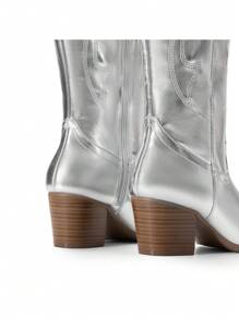 Embroidered Western Boots For Women Comfortable Chunky Heel Pull On Zipper Pointed Toe Knee High Boots Vintage Cowgirl Cowboy Ridding Vacation Boots - 銀色 - 查看 7
