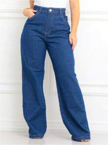 Women's Wide Leg High Waist Jeans - 深色水洗藍 - 查看 1