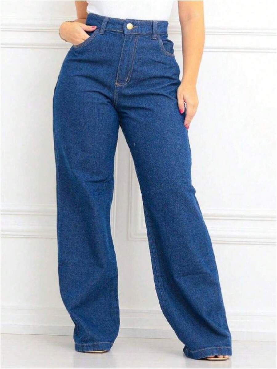 Women's Wide Leg High Waist Jeans - 深色水洗藍 - 查看 1