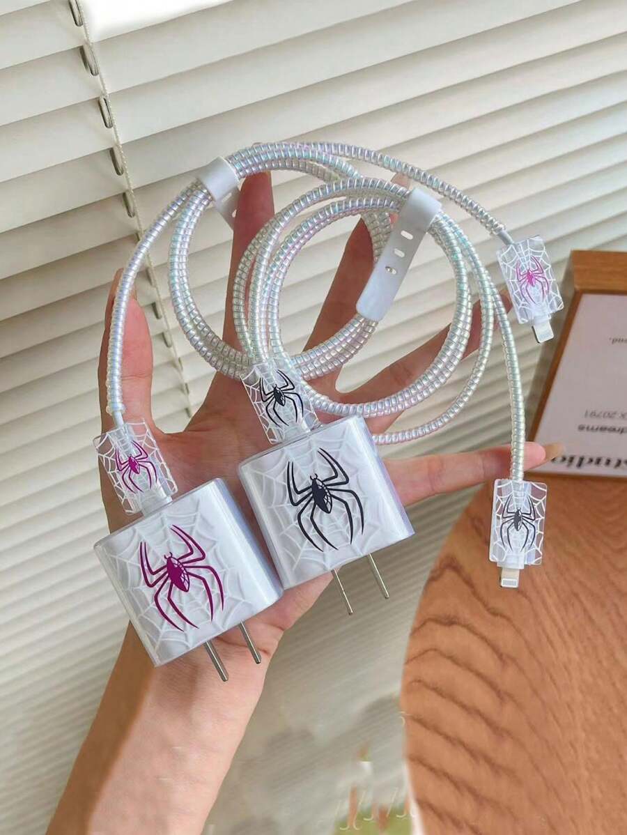 5pcs/Set Halloween Pink/Black Spider 1.5m Laser Wrap Data Cable, Charger Head Protector, Anti-Breakage Cable TPU Wrap Organizer, Compatible With IPhone 12/13/14, Compatible With 20W Fast Charging Cable Cable Protector, Charger Protector