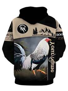 Men Rooster Print Hoodie - Cool & Streetwear - Comfortable Casual Sweatshirt - Eye-Catching Graphic Design - Perfect Gift