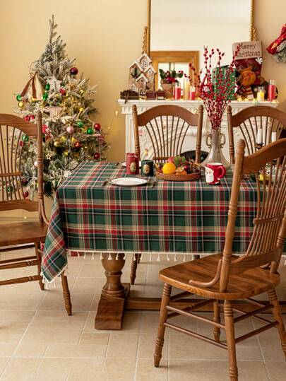 1pc Checkered Green Brushed Tassel Tablecloth For Autumn/Winter And Christmas, Thick Rectangular Table, Bedside, Living Room Dustproof Decor For Farmhouse, Kitchen, Dining, Party, Holiday