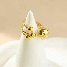 1 pièce Bague en acier inoxydable de mode avec perles sphériques dorées, bague en titane géométrique personnalisée exagérée, accessoires de bijoux dorés pour le carnaval, à porter au quotidien