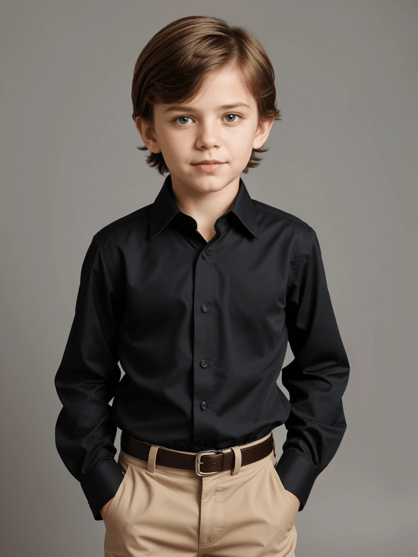 Children's White Long Sleeve Button Down Shirt 100% Cotton - Hitam - View 1