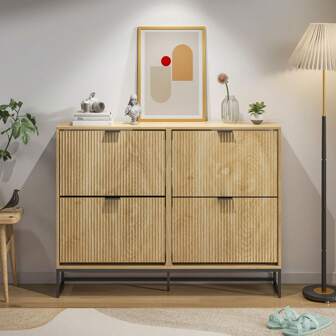 Elegant Modern Fluted Shoe Storage Cabinet With 4 Flip Drawers – Large Capacity Freestanding Shoe Organizer For Entryway With Grooved Wood Finish And Metal Handles