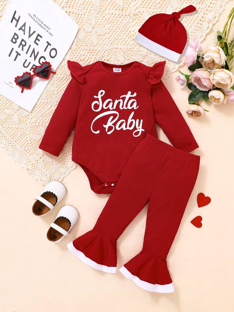 3pcs/Set Baby Girls First Christmas Outfit, Long Sleeve Bodysuit With Ruffle, Flared Pants And Hat, Red Christmas Clothes