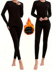 2 件女士黑色保暖内衣套装户外防寒保暖打底衫家居弹力舒适睡衣秋冬季礼物
