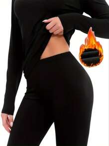 2 件女士黑色保暖内衣套装户外防寒保暖打底衫家居弹力舒适睡衣秋冬季礼物