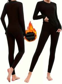 2 件女士黑色保暖内衣套装户外防寒保暖打底衫家居弹力舒适睡衣秋冬季礼物