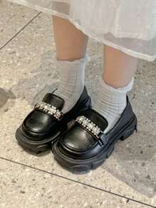 1 Pair New Fashion Rhinestone Decor Chain Slip-On Loafers For Girls - Black - View 4