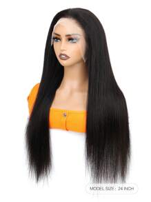 13X4 蕾丝前直发人发假发 女士预拔雷米无胶巴西高清透明蕾丝前发假发 180% 密度长发人发蕾丝假发 自然黑色 - Natural Black - 查看 4