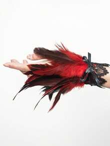 Lace Cutout Feather Decor Wrist Cuff, Dark Fashion Accessory Halloween - Multicolor - View 8