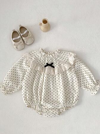 女婴长袖波点荷叶边蝴蝶结休闲宽松连体衣，春秋季时尚之选