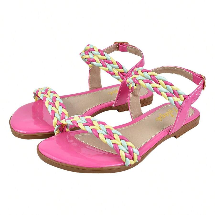 Children's Girl's Flat Sandals With Strap, Soft And Comfortable, Stylish Braid - Màu Hồng Tươi - Xem 1
