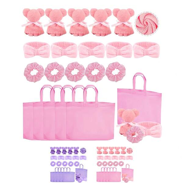 20 piezas Artículos para favores de despedida de soltera/pijamada, incluye 5 toallas con forma de oso lindas, 5 bolsas, 5 diademas, 5 scrunchies para fiesta de spa, pijamada, boda, Navidad