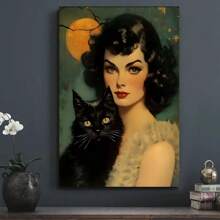 1 Pc Unique Wrapped Wooden Frame Canvas Poster, Vintage Witch Holding Her Cat Under The Full Moon Of Halloween Canvas Wall Art Home Decor, Elegant Poster Wall Decorative Living Room Bedroom Kitchen Office Cafe Ready To Hang Wooden Frame,Posters,Stickers,Wall Art,Spring Decoration Items Refesh Your Home,Rama Decoration Stickers