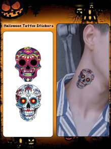 5pcs Halloween Temporary Tattoo Stickers, Skull Cartoon Face Pattern, Waterproof And Sweat-Resistant, Disposable Tattoo Stickers, Unisex, Suitable For Face, Neck, Arms And Other Body Parts, Create Artistic Beauty - Multicolor - View 2