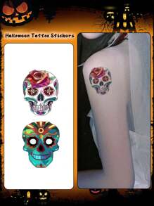 5pcs Halloween Temporary Tattoo Stickers, Skull Cartoon Face Pattern, Waterproof And Sweat-Resistant, Disposable Tattoo Stickers, Unisex, Suitable For Face, Neck, Arms And Other Body Parts, Create Artistic Beauty - Multicolor - View 3
