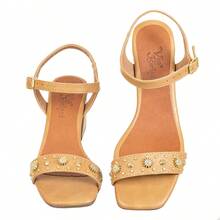 Women's Sandals With Medium Square Heel And Embellishments, Casual Everyday - Rượu sâm banh - Xem 4