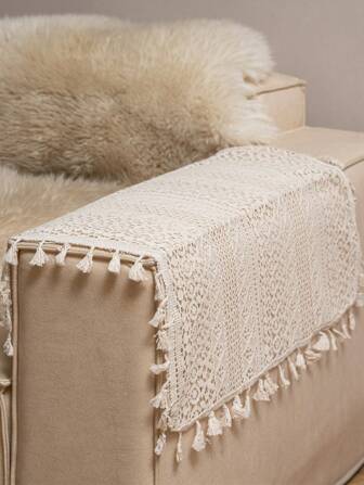 Tokoto 1 件米色镂空桌布，波西米亚现代涤纶亚麻方形餐垫，适用于餐厅、节日装饰派对庆典餐厅厨房卧室酒店小桌子床头柜沙发控制台鞋柜，四季使用