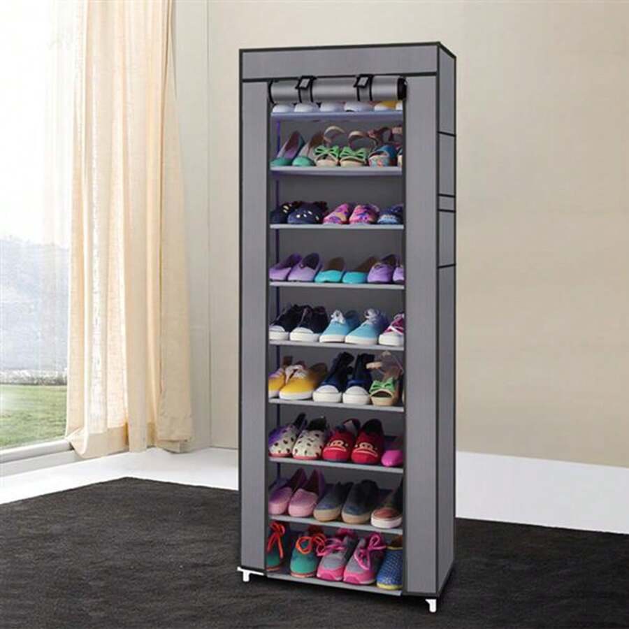 Shoe Rack, 10 Tier 9 Compartment Non-Woven Shoe Cabinet, Free Standing Shoe Racks 9 Tier - Portable Row Shoe Rack Organizer Tower For Closet With Nonwoven Fabric Cover - Grey - View 1