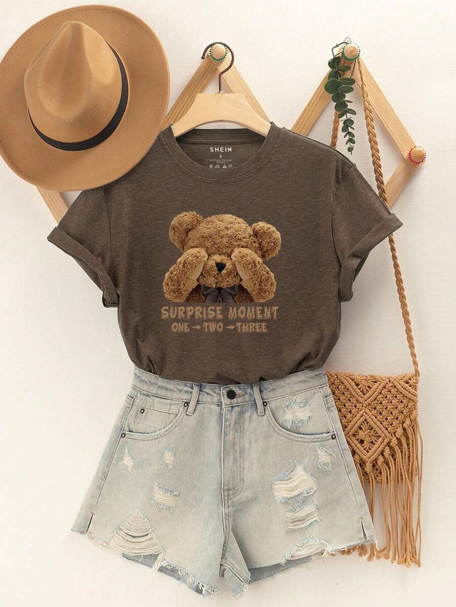 Women's T-Shirt With Surprise Bear Print - Cà phê nâu - Xem 1