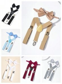 2 piezas/Set Tirantes y corbata de moño de color liso para niños y niñas - Multicolor - Ver 2