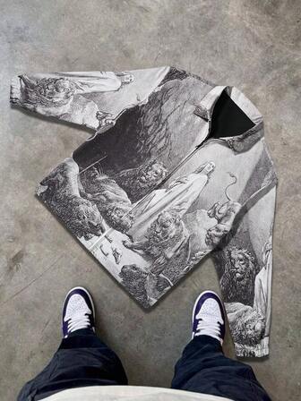 Men's Casual Lightweight Jacket With Stand Collar, Full Body Character & Animal Prints, Zipper Closure Long Sleeve Outerwear For Spring Autumn