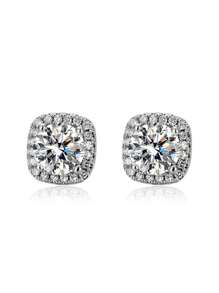 2pcs Square White Zirconia Stud Earrings, Cool Men's Diamond Inlaid Earrings