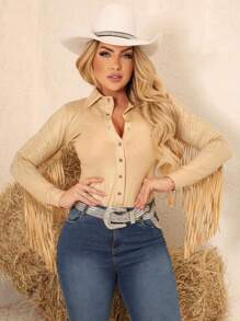 Country Cirrê Bodysuit With Rhinestones And Long Sleeves With Fringe And Snap Buttons By Ana Castela Rodeio - 米色 - 查看 1