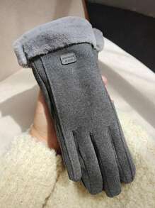 Wool Patchwork Fluffy Five-Finger Warm Thick Minimalist Gloves - Khaki + black - View 3