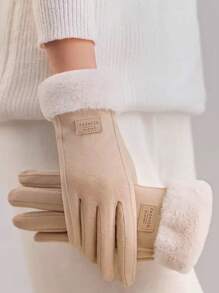 Wool Patchwork Fluffy Five-Finger Warm Thick Minimalist Gloves - Khaki + black - View 2