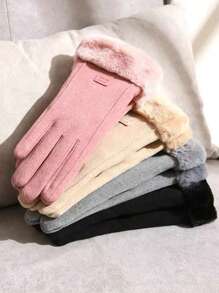 Wool Patchwork Fluffy Five-Finger Warm Thick Minimalist Gloves - Khaki + black - View 5