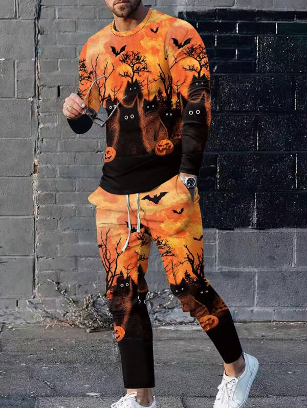 2pcs Premium Fabric Men's Gradual Color Casual Crewneck Sweatshirt And Sweatpants Set, Bestselling Outfit, For Halloween