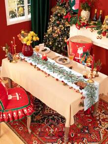 Chemin de table en lin avec cardinaux de Noël, baies, plantes vertes et pommes de pin. Décoration de fête de Noël, hiver, Xmas pour cuisine et salle à manger - Multicolore - Voir 6