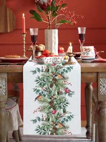 Chemin de table en lin avec cardinaux de Noël, baies, plantes vertes et pommes de pin. Décoration de fête de Noël, hiver, Xmas pour cuisine et salle à manger - Multicolore - Voir 3