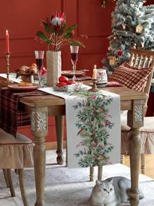 Chemin de table en lin avec cardinaux de Noël, baies, plantes vertes et pommes de pin. Décoration de fête de Noël, hiver, Xmas pour cuisine et salle à manger - Multicolore - Voir 5