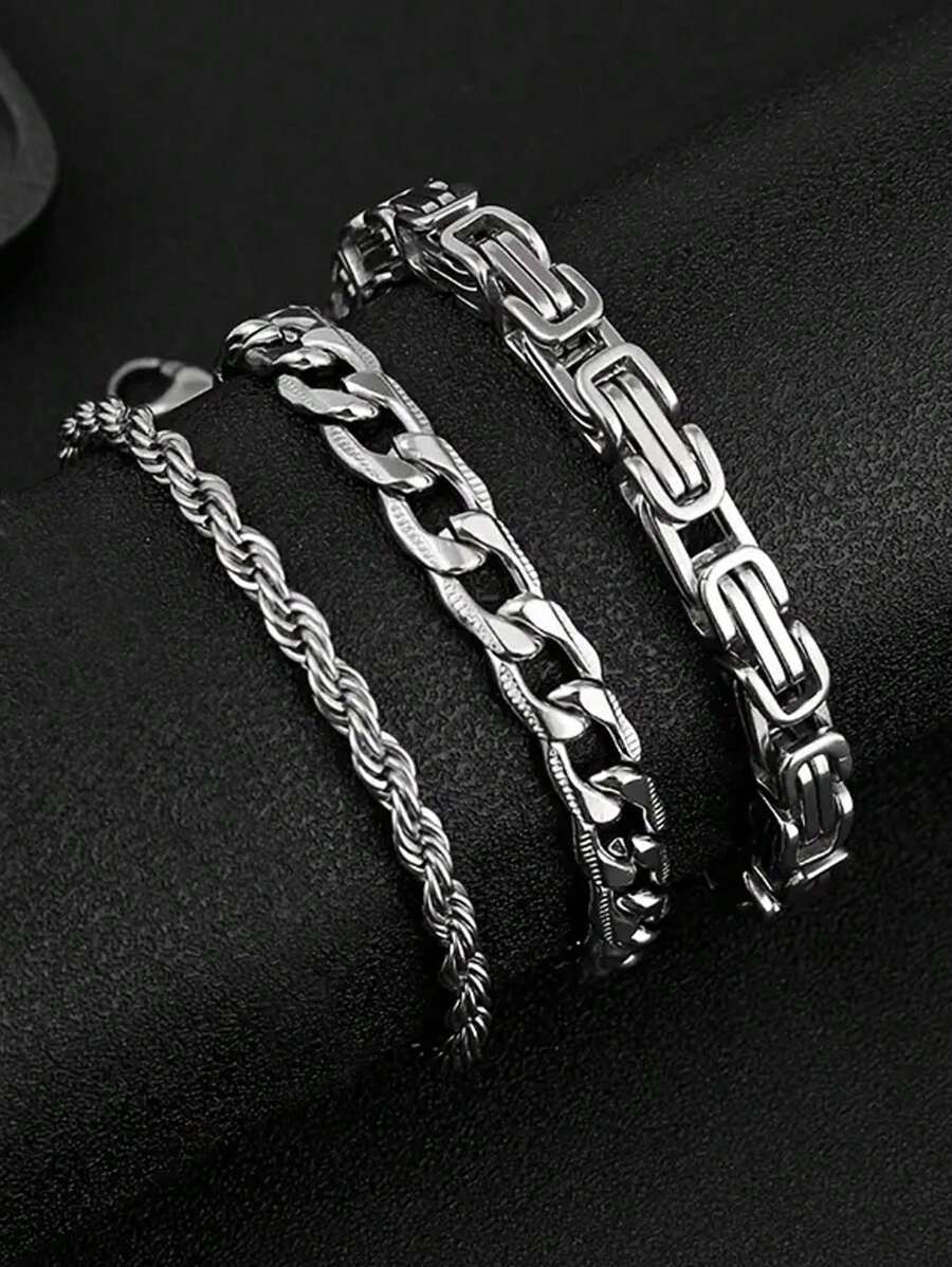 3 件/套男士简约不锈钢链式手链，日常佩戴