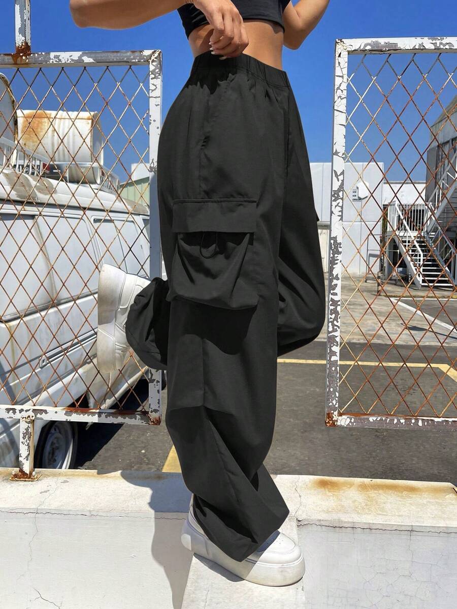 1pc Teen Girls Loose Cargo Pants With Flap Pockets & Side Drawstring, Outdoor Wear For Spring/Summer/Autumn/Winter - Black - View 1