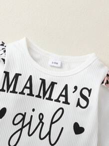 3pcs Set Casual Elegant Sweet Cute Baby Girl Outfit, Soft & Comfortable, Letter Heart Print Ruffle Trim Knit Romper And Leopard Print Flared Pants