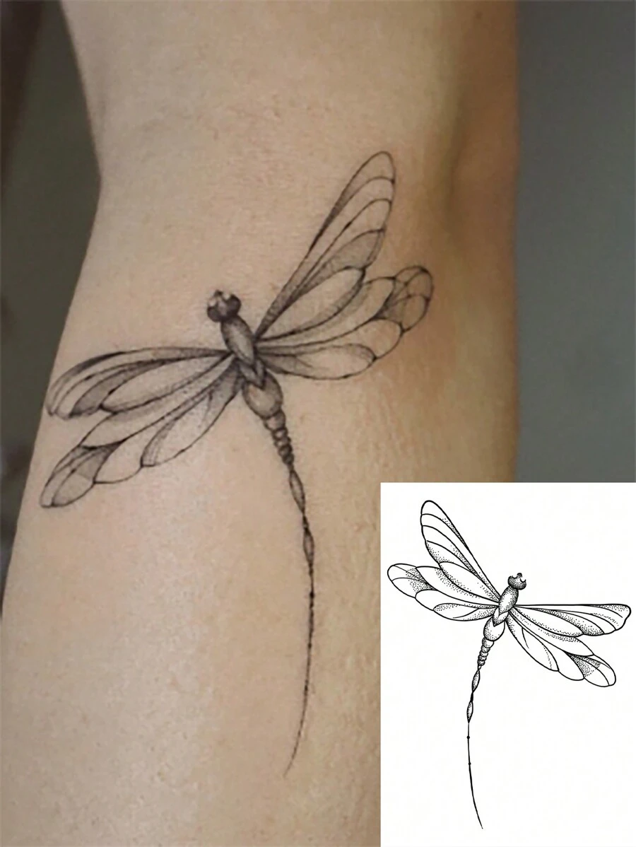 1pc Removable Waterproof Bamboo Dragonfly Temporary Tattoo Sticker, Suitable For Fashionable People - Black - View 1