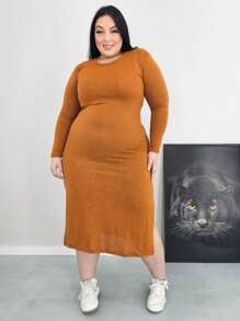 PLUS SIZE WOMEN'S PARTY DRESS, LONG WITH SIDE SLIT, LONG SLEEVES - Màu Cam cháy - Xem 4