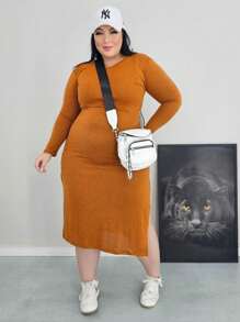 PLUS SIZE WOMEN'S PARTY DRESS, LONG WITH SIDE SLIT, LONG SLEEVES - Màu Cam cháy - Xem 3