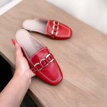 Women's Mule Shoes Comfortable Flats New Arrival Square Toe Crocodile Red - Gỗ đỏ - Xem 2