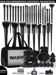 58件套化妆刷套装，包含30支化妆刷、5个化妆海绵、5个三角化妆海绵、2个卸妆粉扑、2个化妆腕带、1个化妆发带、5个迷你化妆海绵、1个睫毛夹、1个化妆刷清洁碗、1个防水化妆包。