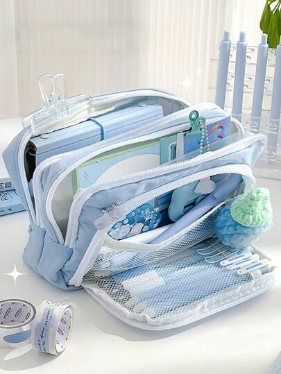 Summer Fresh Color Pencil Case Pen Bag Dual Layer Front Open Pocket Storage Pouch For Stationery School Back To School