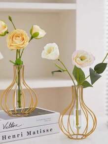 1 chiếc bình hoa ống thẳng trong suốt chân đế sắt vàng, trang trí hoa nhân tạo thủy canh phòng khách sáng tạo, thích hợp cho tiệc cưới ngày lễ, trang trí nhà cửa - Vàng - Xem 4